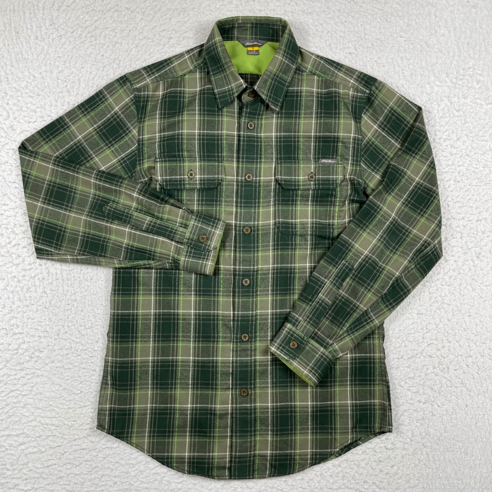 Eddie Bauer Flannel Shirt Mens Small‎ Green Plaid Long Sleeve Button Down